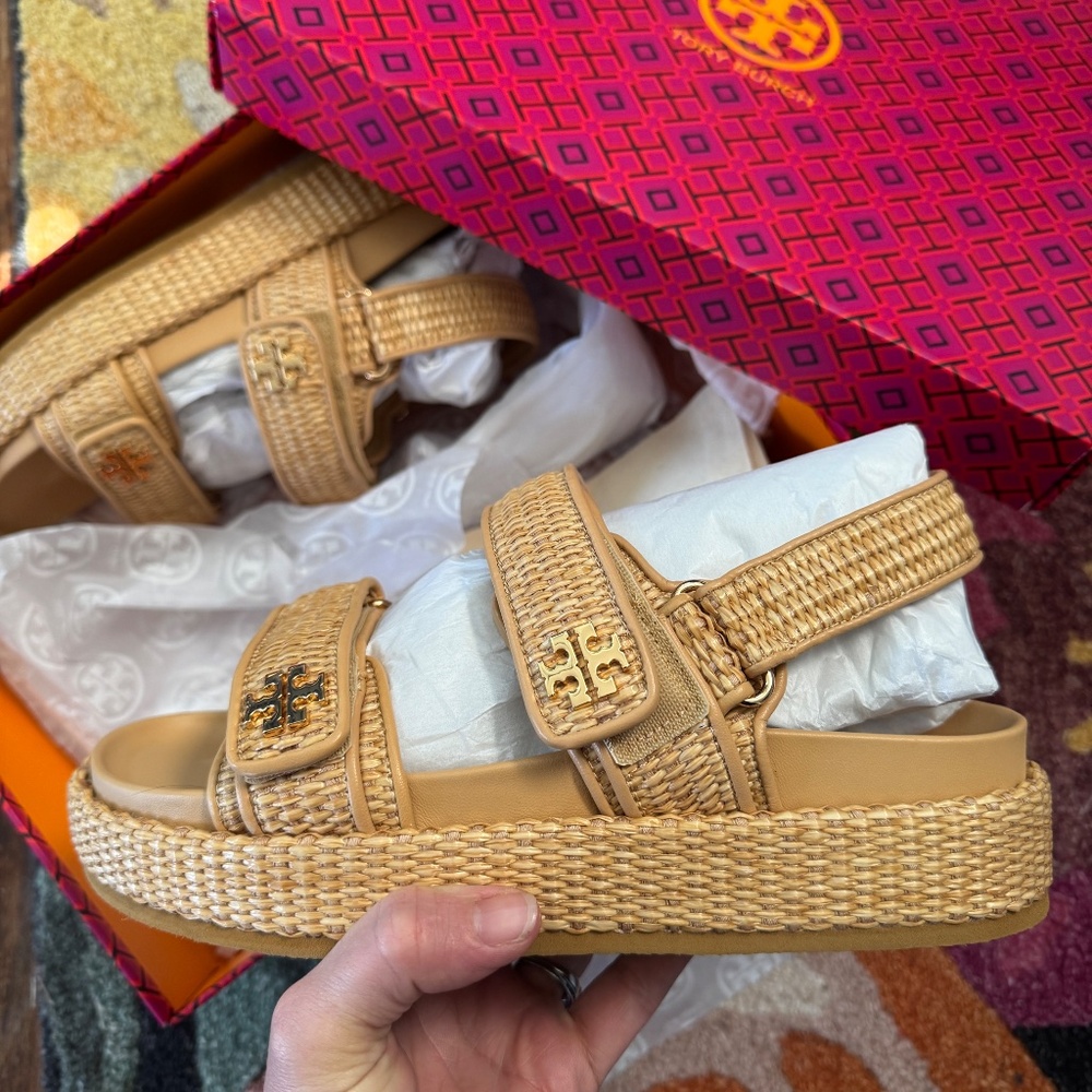NEW IN BOX Tory Burch Kira Sport Sandal Natural Raffia Havana Sand Platform 8.5 - Picture 2 of 12
